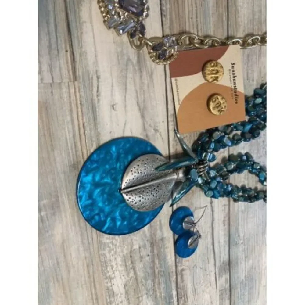Necklace Earrings Bracelet Jewelry Lot Blue Brown Gold Tone Fashion Costume‎